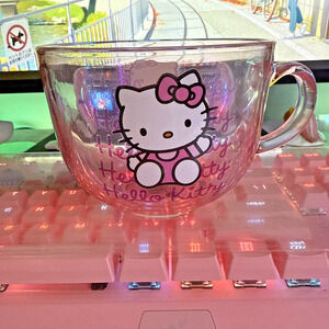 Sanrio Hello Kitty Clear Pink Glass Large Coffee Latte Mug Tea Cup 16oz 2024